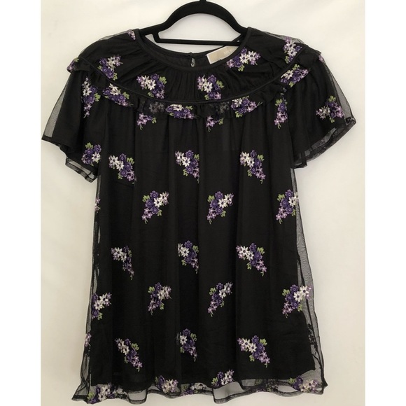 Michael Kors Black Floral Embroidered Short Sleeve Blouse Top Women Medium NEW - Picture 2 of 5